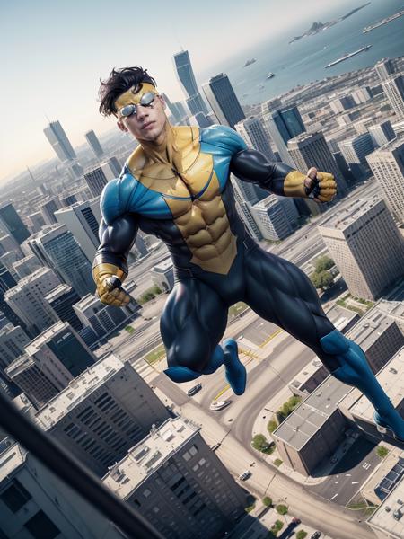 Invincible2023, photorealistic, 8k, uhd, best quality, masterpiece, best quality, 1boy, 5 fingers, cinematic lighting, raw image, trending on arstation, vibrant colors, goggle, full body, hovering above city, blurred background, hero, depth of field, flying, mid flight,, cinematic lighting