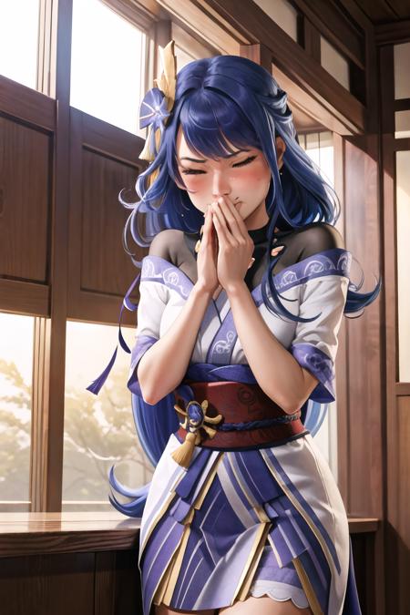 Highly detailed, High Quality, Masterpiece, beautiful, 1girl, FISneezing, closed eyes, blush, sneezing, >_<, <lora:FISneezing:1.2>, Raiden_Shogun_\(genshin impact\), Raiden_Shogun:1.2, blue hair, long hair, <lora:Char_GenshinImpact_RaidenShogun:0.8>