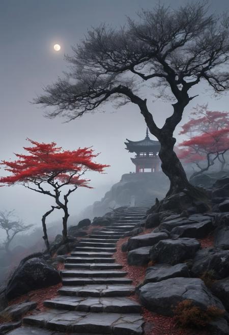 A tranquil landscape inspired by traditional Asian aesthetics, with gently rolling terrain blanketed in white mist and punctuated by clusters of dark, weathered trees. The color scheme is minimalist yet expressive—deep blacks for the tree forms, bright whites for the fog and ground, and muted crimson highlights glowing subtly from a distant moon. The moon sits low in the sky, casting a diffuse light that softens every edge and texture. The atmosphere is still and poetic, suggesting the quiet moments before dawn. Sparse foliage, worn stone steps, and a distant red-roofed pagoda hint at human presence in an otherwise natural setting. The textures are delicate and tactile—rough bark, cool stone, and feather-light mist—emphasized through soft gradients and depth. The entire scene is rendered with gentle brushwork and luminous tonal transitions, blending realism with romantic abstraction.