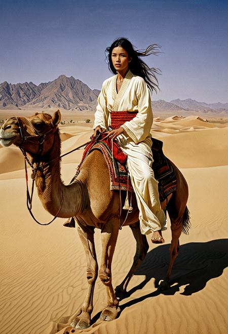 (Soft Lighting Photography by Mimoza Veliu and Mario Giacomelli:1.2), NSFW, 1 beautiful Princess riding a camel along across Desert, passing a small Oasis, barefoot, sexy:1.5, her traditional Nepal clothes worn out barely covering her body, She has a very long hair, sweating, ,under intense sunlight, wet, Influenced by Baroque and surrealist styles, takato yamamoto, rendered in a highly detailed,<lora:TWbabeXL01:0.6>