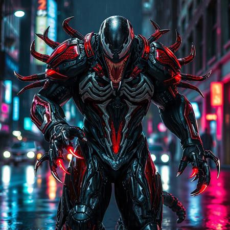 Venom, futuristic, cybernetic armor, muscular, black, red, white, color palette, dark city street, night, rain, neon, multi-blade laser/steel arms, intricate, menacing, powerful, cybernetic aesthetic, high quality, UltraHD