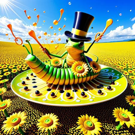 (masterpiece), (best quality), (absurdres), (sharp surrealist illustration), BREAK
(an enormous centipede made of sunflowers), (each segment a blooming sunflower head), (legs made of twisting vines), (antennae waving like wheat stalks), BREAK
(wearing a top hat made of bark and pollen), (blowing bubbles shaped like bees), (tiny musical frogs riding on its back with ukuleles), BREAK
(marching through a melted teacup landscape), (giant floating spoons in the sky), (rainclouds made of spaghetti), (sunlight shaped like bananas), BREAK
(colorful confetti pollen raining from above), (tiny marching snails waving flags), (bizarre joyful chaos), (psychedelic carnival vibe), (dream logic composition)