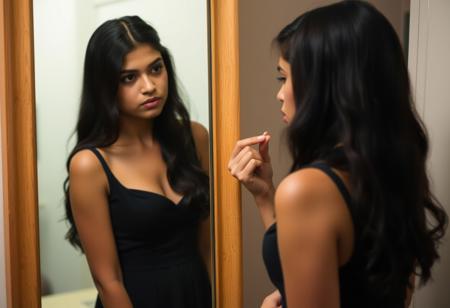 A young woman, Priya, stands in front of a full-length mirror, her expression a mix of apprehension and determination. She is in her dorm room, getting ready for a party, and the mirror reflects her elegant yet understated black dress. Her heart pounds as she applies a light coat of lipstick, her hand trembling slightly. The room is softly lit, creating an atmosphere of anticipation and uncertainty.