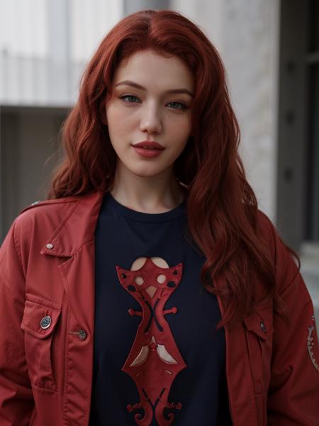 lalyumos, a woman, ((extremely detailed face)), headshot, teeth, parted lips, red hair, ((curly hair)), modern clothes, blue T-shirt, long sleeves, red jacket,