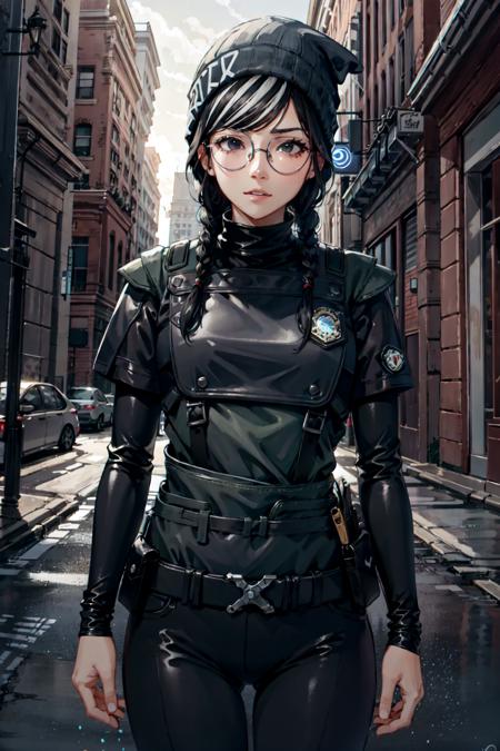 masterpiece, high quality cg, anime, illustration, best quality, 1girl, bound, bondage, beautiful face, detailed face, cowboy shot, dokkaebi, 1girl, solo, looking at viewer,  black hair, braid, glasses, black gloves, belt, pants, black eyes, twin braids, streaked hair, black headwear, bodysuit, black pants, round eyewear, black bodysuit, beanie, hair behind ear, <lora:Dokkaebi:0.9>