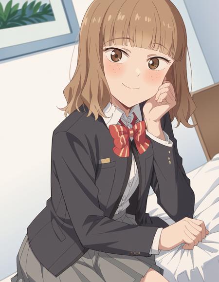 megu, bangs, brown hair, brown eyes, blunt bangs, medium hair, skirt, shirt, bow, school uniform, jacket, white shirt, pleated skirt, striped, collared shirt, bowtie, red bow, black jacket, blazer, grey skirt, striped bow