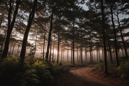 raw photo, a sunset landscape, Valdivian temperate forests, Chilean forest,  cozy, photorealistic, high detailed texture, 8k uhd, dslr, soft lighting, high quality, film grain, Fujifilm XT3, Sony A7 IV, highly detailed photography, (muted colors, cinematic, dim colors, soothing tones:1.2), vibrant, insanely detailed, hyperdetailed, (dark shot:1.2), (vsco:0.3), (intricate details:0.9), (hdr, hyperdetailed:1.2) (highest coherency: 1.39) (highest quality: 1.39) (rule of Thirds) (award winning) (breathtaking) (masterclass) (vibrant color: 0.79) (raining)