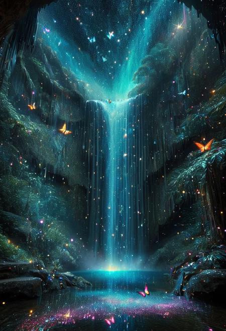 Hidden Waterfall: night time, milky way , Deep within a forgotten temple:1, a hidden waterfall cascades down glowing sparkles crystals. The air hums with mystical energy, thousand butterflies swarming  at the base of the falls, butterfly colorful wings imbued with an shimmering dark night  otherworldly.