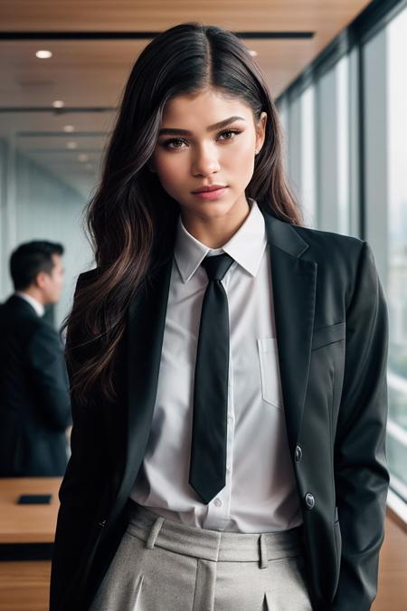 Zendaya_SoloTI_v1,
(IIn a crisp white button-up shirt, with a sleek black tie, for a professional and authoritative look),
(A modern law firm during the day, with glass walls and polished wood desks, colleagues engaged in intense discussions, focused atmosphere:1.3),
(seductive:1.3),(analog, cinematic, film grain, hazy atmosphere, cinematic shot:1.3), 
 <lora:add_detail:0.6>,<lora:LowRa:0>, PA7_Portrait-MCU,