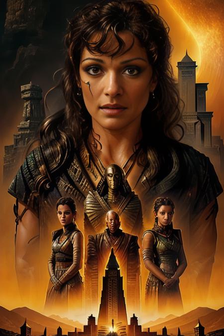 The poster for the mummy sequel with evelyn00 would feature a striking and adventurous design that captures the thrilling action and mystery of the film. It could have a desert background with ancient Egyptian artifacts and hieroglyphics scattered around.  <lora:evelyn00:1>