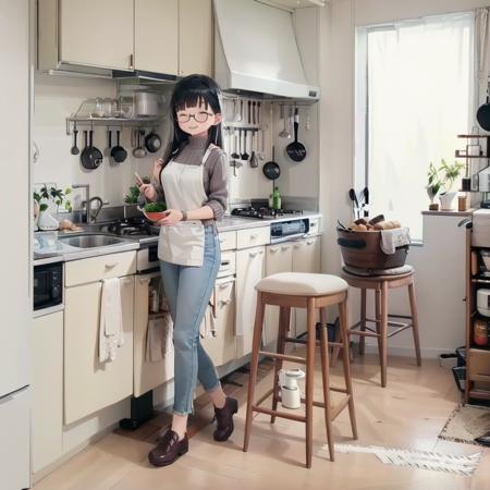 best quality, ultra-detailed, illustration,
JPkitchen, scenery, table, chair, sink, kitchen, plant, indoors, window, refrigerator, frying pan, bottle, shelf, spatula, door, basket, plate, cup, stool, wooden floor, curtains,
1girl, glasses, black hair, long hair, white sweater, denim, jeans, apron,  happy, smile, closed eyes, looking at viewer, 
 <lora:JAPAN_kitchen_SD15_V1:1>