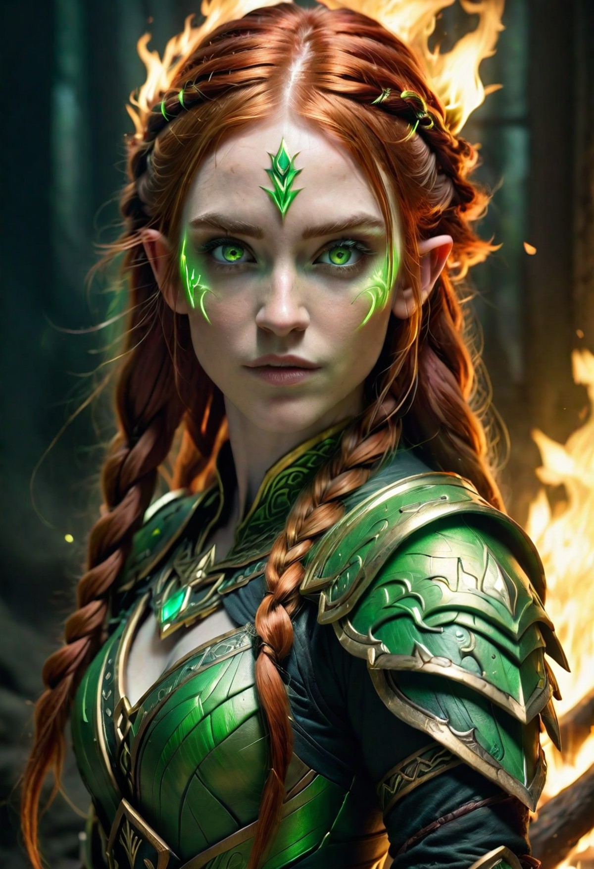 highly detailed photo of a red haired beautiful elf mage wearing green mage armor with her eyes glowing, long braided hair...