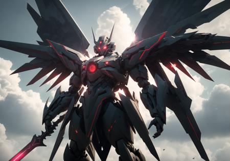 dramatic angle,dynamic angle,an extremely delicate and beautiful mecha, 8k wallpaper,masterpiece,best quality,illustration,mecha, sunlight,sunbeam,backlighting,Contre-Jour,science_fiction, glowing, holding_sword, no_humans, realistic, red_eyes, solo, open_hand, wings, full_body, mechanical_wings, standing, glowing_eye, weapon,  cloud, glowing_eyes, jet, day, sword