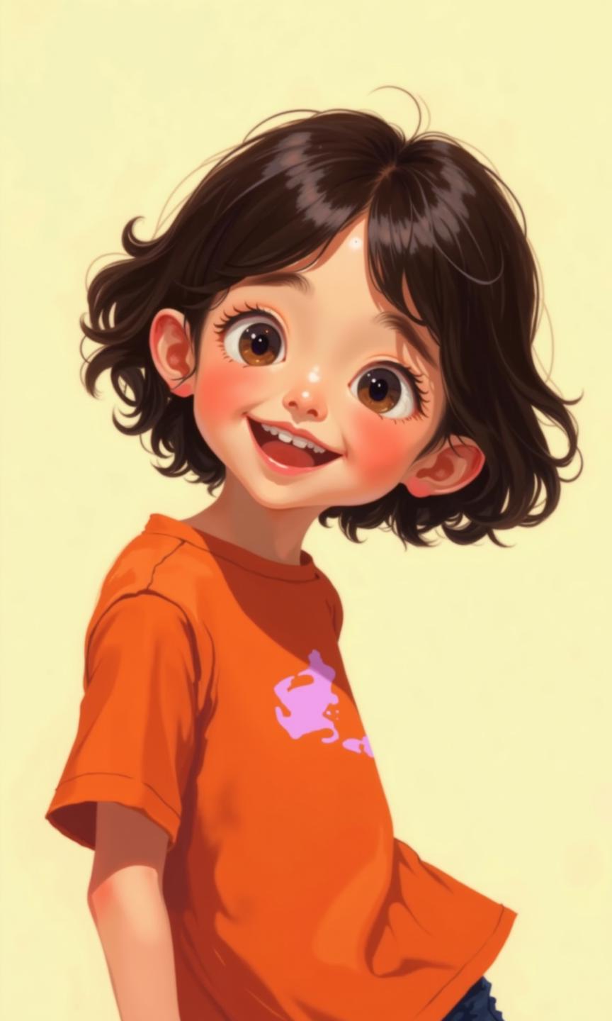 Close-up of a digital illustration.Â 
A young girl, likely a child, is the central figure.Â Her expression is joyful, with a wide, open smile and bright eyes.Â She's angled slightly away from the viewer, her head turned toward the camera, and her body curved so her back is partly visible. Her hair is short and dark brown, styled with loose waves.Â 
The girlâs face is characterized by soft, rounded features. The skin tones, especially around her cheeks, have a blush or rosy tint, adding to the playful and cheerful mood.Â 
Her attire is a vibrant, slightly orange-red, loose-fitting t-shirt.  A small, light pinkish-purple design or pattern is subtly visible on the front of the shirt near her chest.Â Â 
The background is a pale, yellowish-cream color.Â The lighting is soft, casting a natural glow on the characters. the style is clearly stylized to be a cartoon or illustration, rather than a photographic representation.
 <lora:FLUX-daubrez-DB4RZ-v2:1> DB4RZ, DB4RZ style painting