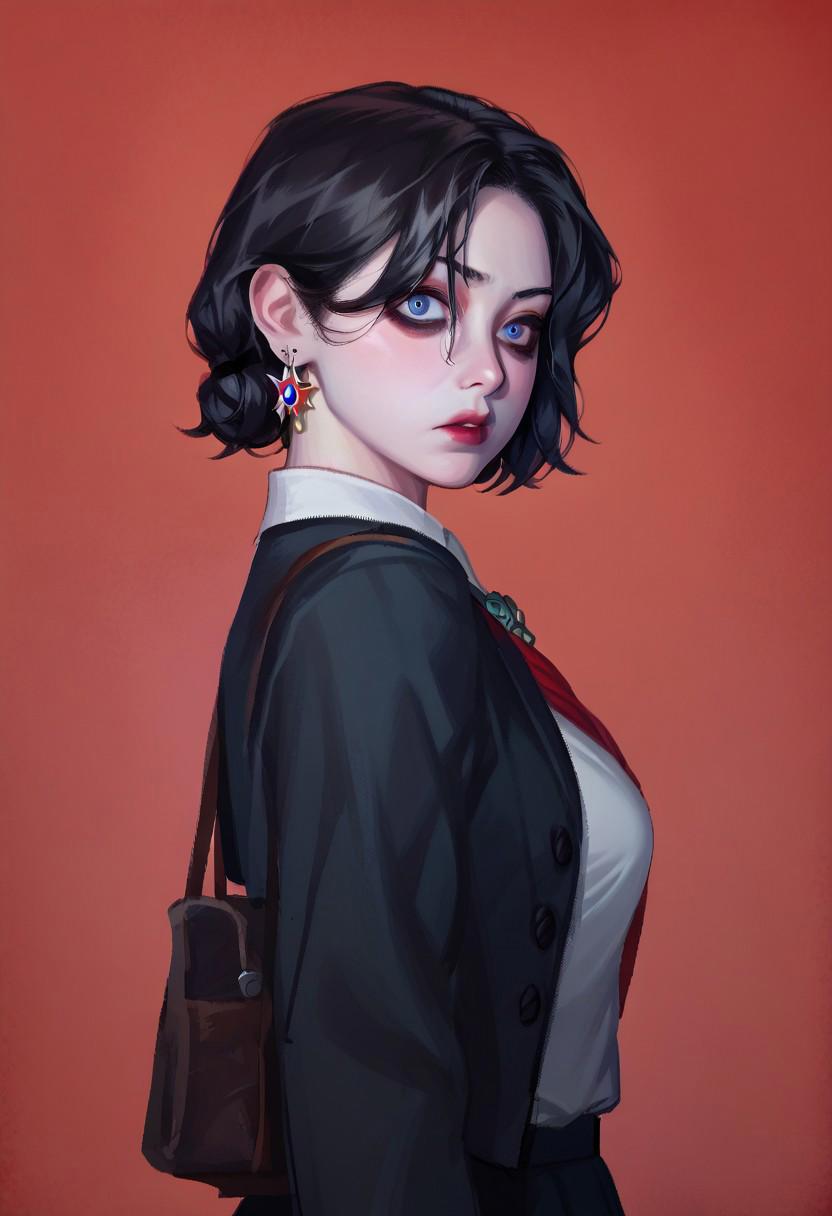 score_9, score_8_up, score_7_up, masterpiece, best quality, detailed eyes, detailed face, fuzzy, traditional art, liu2, brush texture, BREAK 1girl, difficult, school outfit, (Eyeliner:1.2), look at the viewer, black hair, chemical haircut, pale skin, Jewelry, detailed background, breast