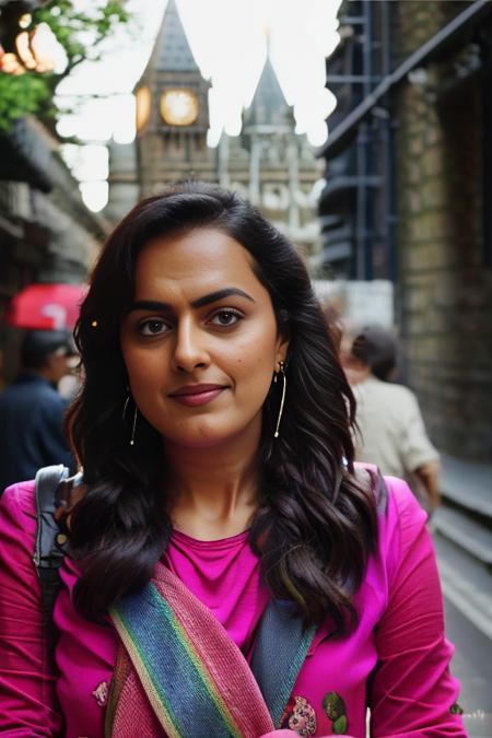 ShraddhaSrinath, (art by Dmitri Danish:0.8) , photograph, Shabby Chic Female, Boring hair styled as Voluminous, near Westminster Abbey, deep focus, Anime screencap, Figurative Art, film grain, Canon eos 5d mark 4, F/5, psychedelic colors,  <lora:ShraddhaSrinathSD1.5:1>