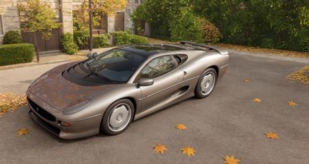 jaguarxj220 sports car parked on a street covered with leaves in autumn in a (city:1.3), fall, global illumination, volumetric lighting, best quality, highly detailed, cgi, illustration, octane render