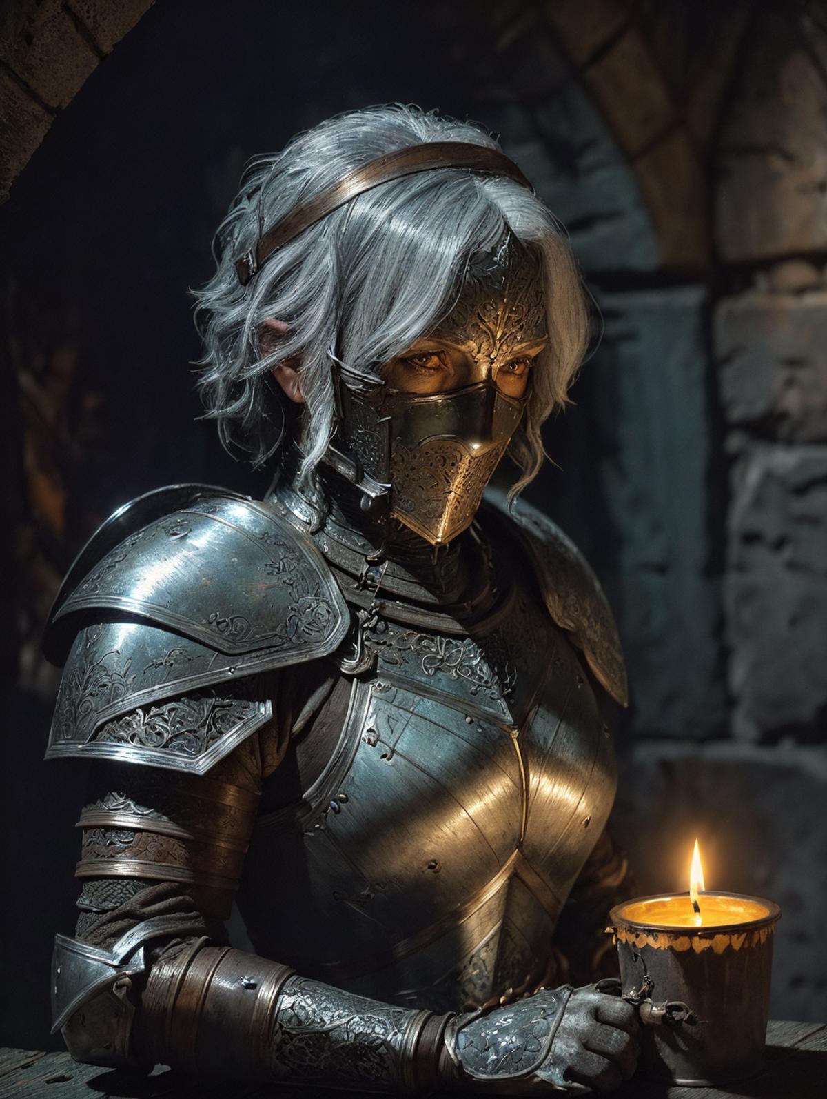 A female warrior in a medieval-style suit of armor holding a candle.