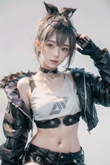 <lora:silver_wolf-ani1.5v1:1> silver wolf, 1girl, solo, crop top, navel, shorts, stomach, looking at viewer, jacket, choker, black jacket, black shorts, gloves, shirt,