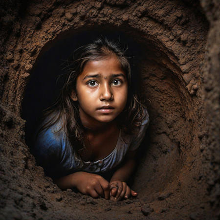 Illustrate the perspective of the trapped girl within the borewell. Showcase her innocent face framed by darkness, capturing her fear, confusion, and the dim light from above. Emphasize the isolation and vulnerability of her situation,beautiful:1.4), (intricate details, masterpiece, best quality:1.4),dynamic pose