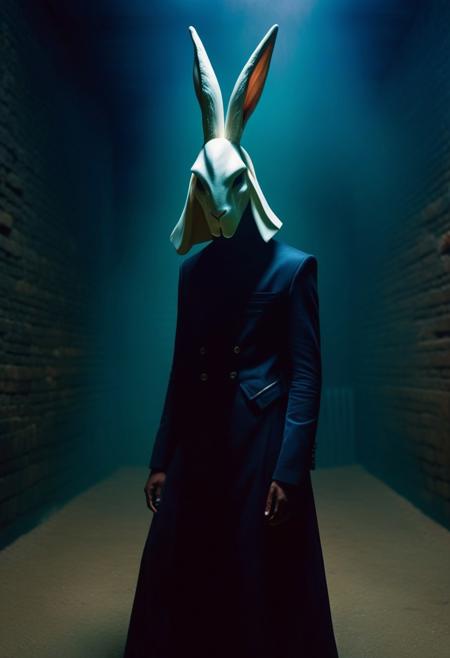 highly detailed and hyper realistic photo, by Brian Stelfreeze , by Julius Horsthuis , by Iwan Baan , a horrifying dark pyramid head creature in a dark dungeon , in the style of  avant-garde fashion editorial photography, limited dark palette, unusual dark colors, faded colors, atmospheric haze, highly dramatic cinematic lighting, motion blur, film grain,  professional, excellent composition, finest details, maximized details, ultimate detail level, masterpiece, best quality 
BREAK  
holding a cute white rabbit,