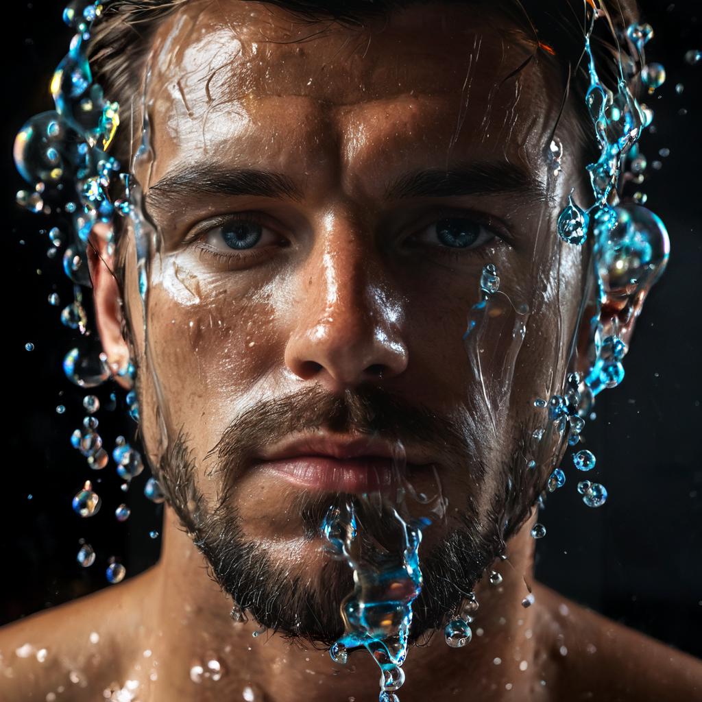 long shot scenic professional photograph of A hyperrealistic portrait of a man whose body is composed of constantly shifting liquid glass, his skin flowing and reforming into intricate, glowing patterns as it moves. His face is partially visible through the glass, but large sections are melting and reforming in real-time. His eyes are glowing orbs of liquid light, and his hair is made of flowing, molten glass that drips and reforms as it moves. Behind him, the background is a surreal, glowing landscape of flowing glass rivers and crystalline mountains, all reflecting and refracting the light in a dazzling array of colors., perfect viewpoint, highly detailed, wide-angle lens, hyper realistic, with dramatic sky, polarizing filter, natural lighting, vivid colors, everything in sharp focus, HDR, UHD, 64K