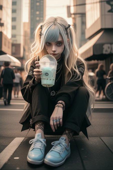 4K,8K. An attractive american gothic punk girl, with black punk fitting clothes, (blonde very long wavy hair:1.05) (wide dreamy light blue eyes,) wide smile, face close up, (holding a bubble tea,) (dynamic sitting pose, on the street) 2legs