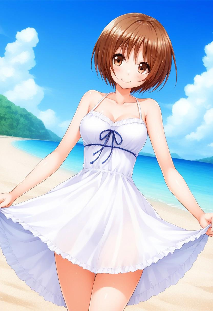 score_9, score_8, score_7_up, 1girl, solo, hikaru_mishima, short hair, brown hair, brown eyes, happy face, smile, breasts, white summer dress,, outdoors, standing, beach, blue sky, looking at viewer, dutch angle, cowboy shot,