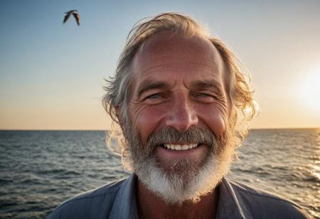 "Weathered fisherman, age 60, ultra-close-up portrait, deeply sun-wrinkled face with pronounced laugh lines, coarse salt-and-pepper beard with hints of ginger, piercing ice-blue eyes reflecting years at sea, wind-chapped lips, National Geographic style documentary realism, golden hour lighting casting warm orange glow on skin, wispy cirrus clouds in background sky, faint sea spray visible, 85mm prime lens for intimate framing, f/2.8 aperture for shallow depth of field, ISO 100 for crisp detail, slight film grain effect, soft vignette, visible pores and skin texture, small fishing boat out of focus in far background, seagull silhouette in upper corner, subtle lens flare, hyper-realistic skin tones with ruddy cheeks from sun exposure