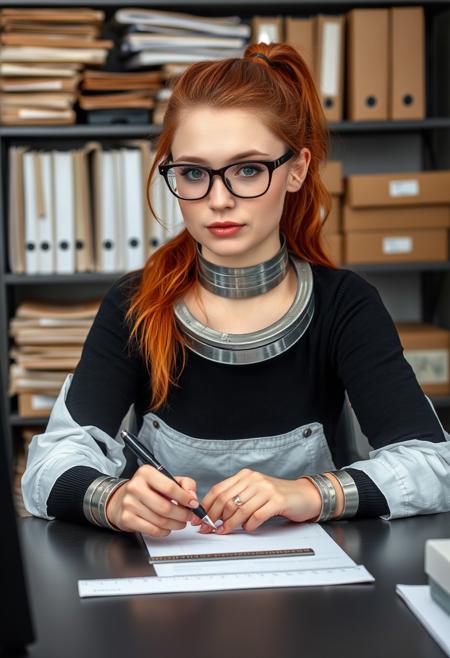A 25 year old woman with nerdy glasses and red hair in a ponytail sitting behind a desk. She wears a white laboratory cleak and a bnlack top. Her hands are on the table in front of her holding a pen and a ruler. She has a thick and heavy silver band of metal around the neck and likewise such heavy and thick bands of metal around the wrists. In the background is a self with many folders as well as a few bigger cardborad boxes. She has no jewelery of any kind - no finger rings, no earrings, no watch.