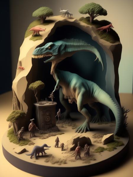 <lora:DIORAMA:1>clay diorama, plasticine, dinosaur, prehistoric scenery, miniature terrain