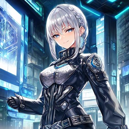 garden, smirking,  determined, intricate details, cowboy shot, black biker jacket, cyberpunk, looking at viewer, ((beautiful detailed silver hair)), short hair, beautiful detailed silver eyes, formal, eye focus, blue and white uniform, slender, (small breasts), in orbit, science fiction, futuristic, monitor, braid, office space