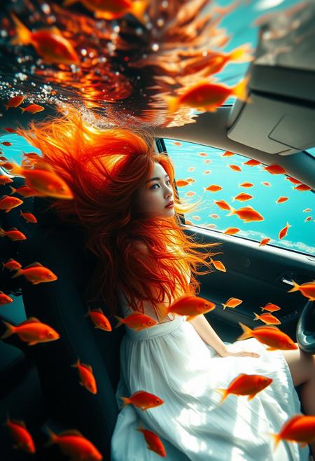 an image of a woman with red hair wearing a white dress, sitting and leaning against the seat in the passenger seat of a car that is submerged underwater, her hair is floating, Numerous orange fish are swimming around her and the car, creating a surreal and serene underwater environment. Sunlight is coming from the above, making her hair glow.