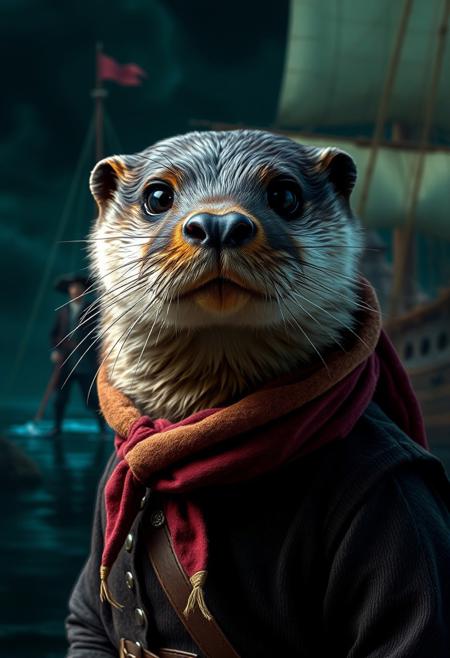 an otter, dark brown fur, black eyes eyes, short sleek fur, wearing an old fashioned pirates outfit with headscarf, old fashinoned sailing ship with human pirates in the background, triadic colors, vibrant colors, complex background,  High detail, rich, intricate details, dark green background, night, natural realistic face proportions
