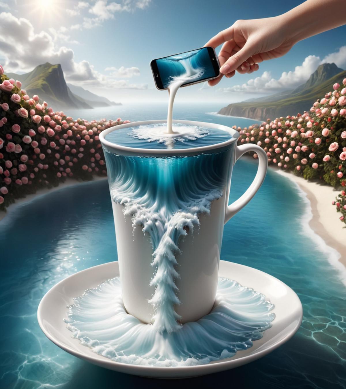 A creative coffee advertisement with a cell phone pouring milk into a coffee cup.