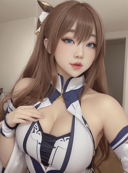 Tsikyo woman wearing a cheerleading uniform, brown eyes, dark blonde hair, hyper realistic, 4k, masterpiece, beautiful, facing the viewer, headshot, ((white skin)), cleavage