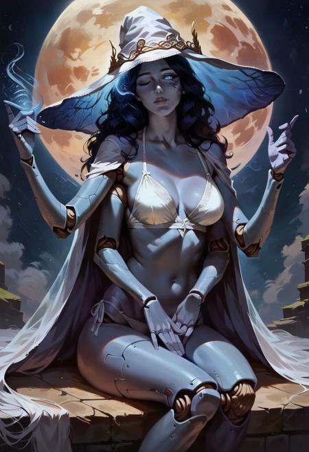 score_9, score_8_up, score_7_up,(masterpiece, best quality,beautiful aesthetic,realistic,concept art,perfect anatomy))), 1 girl/ ranni from elden ring, wavy hair, blue hair, blue eyes, One eye is closed, (Blue skin:1.2),(Four arms:1.2), hat, doll joints, White bikini,Blue magic aura,smileing,
, Sitting on the moon