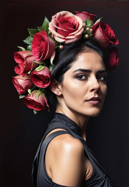 gulay_ozdem, with flowers in her hair and a wreath of pink roses on her head, standing in front of a dark background, painted by artgerm and tom bagshaw, fantasy art, dramatic lighting, highly detailed oil painting
 <lora:gulay_ozdem-000005:0.9>