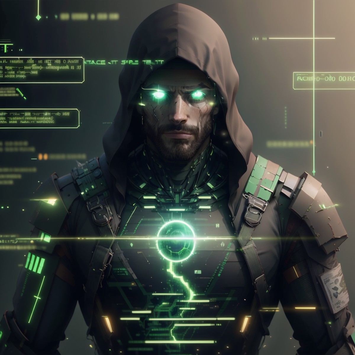 <lora:HackedTech-20:0.9>, hackedtech , scifi,  cyberpunk ,  data stream , pixelated,    green hues ,
man, <lora:Gigachadv1...