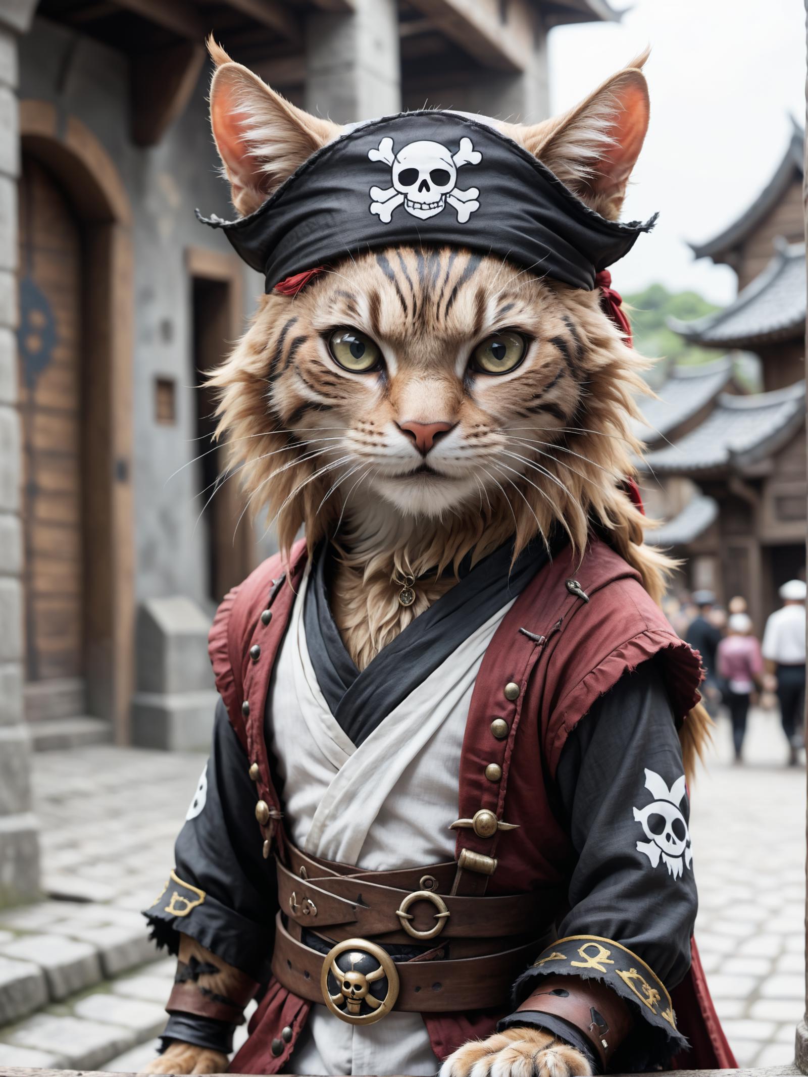 A cat dressed up as a pirate with a costume and a pirate hat.