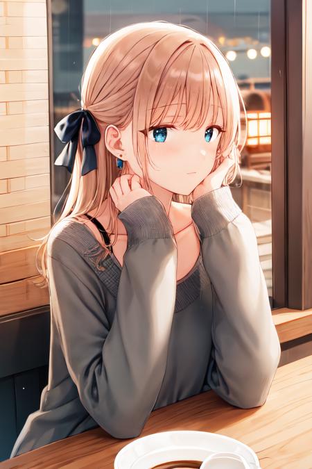 <lora:hiten_style:1>hiten style, looking away, ribbon, hair bow, from outside, 1girl, sitting, window, table, jewelry, solo, coffee, night, half updo, bra strap, cafe, rain, hand on own chin, indoors, head rest, blue eyes, blonde hair, chair, closed mouth, depth of field, upper body, blush, long hair, steam, hair ribbon, earrings, sweater, long sleeves, shirt, bow, blurry, sleeves past wrists, saucer, cup, teacup, sidelocks, looking outside, hand on own face, collarbone