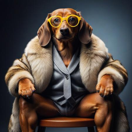 evang, A wiener dog with large yellow glasses sitting on a chair, furcoat, evang, detailed face