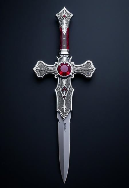 SilverPulse, a cross dagger, on a wooden decorative holder, silver blade with engravings, ruby and diamonds inlaid  in a silver handle,  intricate, hyper-detailed, professional photoshoot, ultra-sharp, vivid colors, dark lighting, 50mm lens,