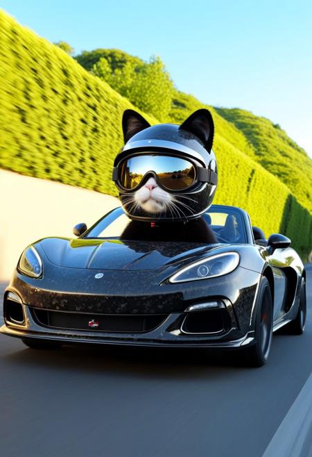 (made of Forged Carbon:1.3), from side, closeup cute small classic sports car made of Forged Carbon, cat driving, wear round goggles, wear animal ears helmet, run through on beautiful town road, blue sky, cinematic, cinematic lighting, (masterpiece, best quality:1.4), ultra-high res, 4k, Photorealistic, insanely detailed, sfw,