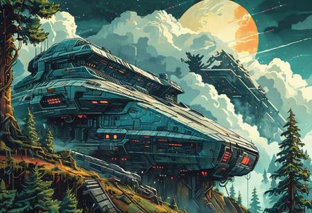 book cover, Retro futuristic Image, a huge spaceship (long abandoned) in a fir tree forest, half buried, sharp, high detailed, realistic,