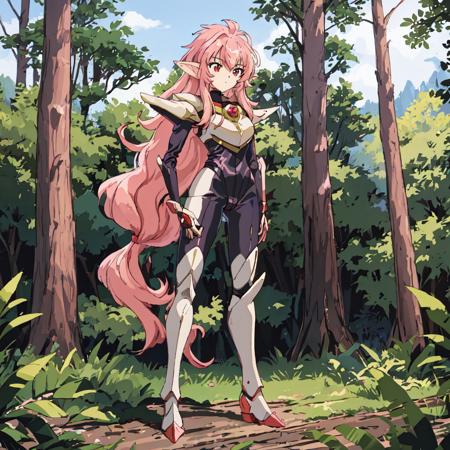 <lora:Nova-10:1>outdoor,forest,Masterpeace,high quality,Nova, 1girl, solo, long hair, red eyes, pink hair, pointy ears, armor, blue bodysuit, white shoulder armor, breastplate, standing, full body, hand on hip