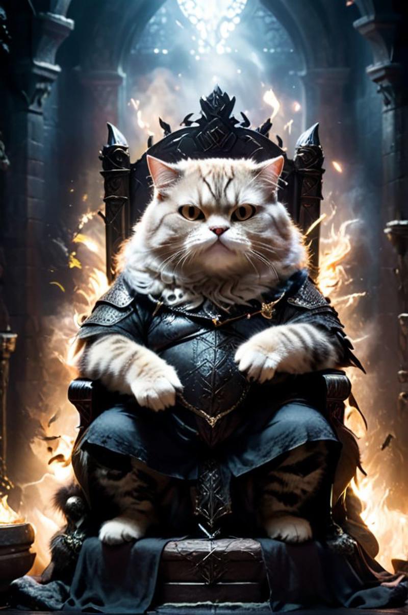 A cat wearing a suit and sitting on a chair, surrounded by flames.