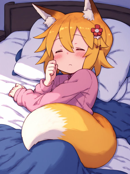 score_8_up, score_7_up, score_6_up, best quality, masterpiece, source_anime, bed, on_bed, bedroom, :3, sleeping, pajamas, blanket, by aaaa \(quad-a\)
BREAK
sen, blonde hair, animal ears, fox ears, blush, animal ear fluff, hair ornament, fox girl, hair flower, hair between eyes, short hair, fox tail, tail, flat chest, closed eyes, young girl
<lora:senko_ponyxl_v1:1>