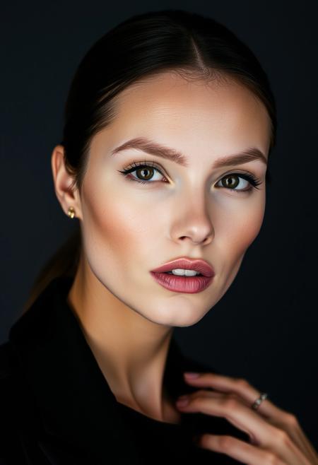 <lora:jana-defi:1>
 close-up, high-fashion portrait of a woman with striking eyes and a calm, confident expression, looking at the camera. She wears a sophisticated black outfit that exudes elegance and minimalism. The background is a smooth gradient of dark gray, enhancing the overall refined and contemporary aesthetic. The lighting is soft yet directional, highlighting her flawless complexion and subtle makeup, with a focus on her eyes and cheekbones. The mood of the portrait is polished, modern and artistic