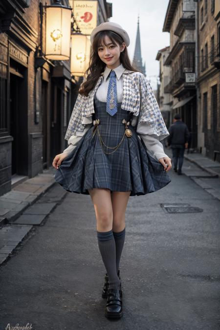 realistic, photorealistic, masterpiece, absurdres, incredibly absurdres, extremely detailed, best quality, mcostume, hat, kneehighs, full body, 1girl, solo, black hair, light smile, looking at viewer, detailed background, standing, classical european town, night, dramatic lighting, <lora:magic_costume_v1:0.7>